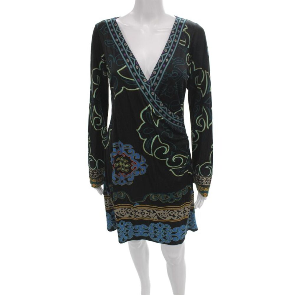 Hale Bob Womens Wrap Dress Black Silk V-Neck Long Sleeve Tie Size M
